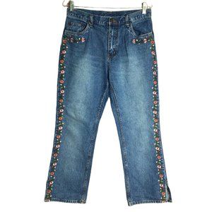 Vintage Bill Blass Women Cropped Jeans Floral Embroidered Blue Size 10 Petite